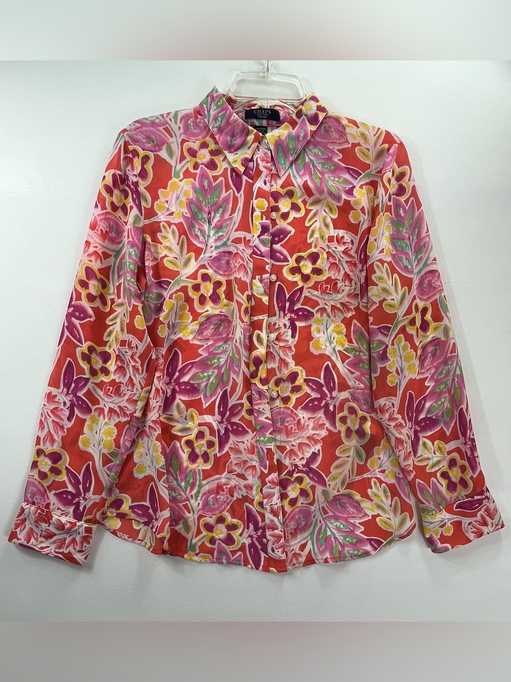 Chaps Women’s Blouse Floral PXL ButtonUp Shirt Pink Long Sleeve Floral Top
